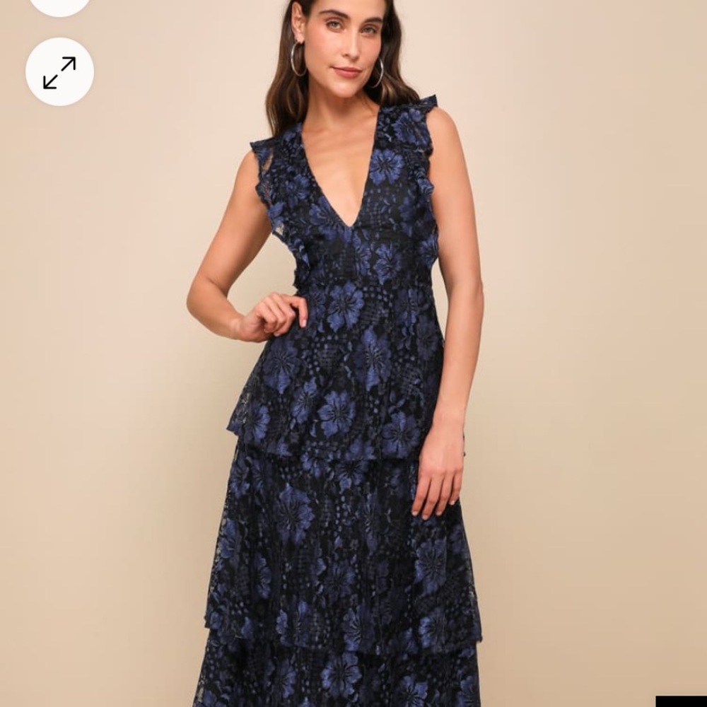 Molinetto Navy Blue Lace Ruffled Tiered Sleeveless Maxi Dress